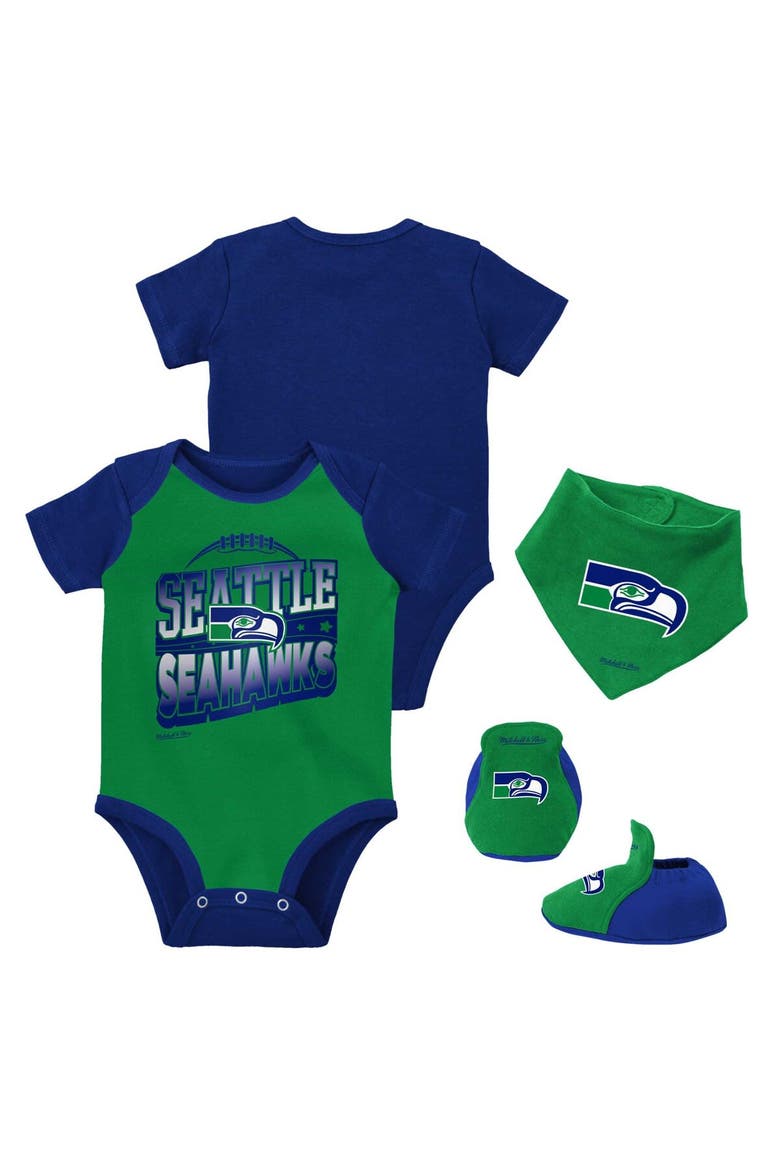 Newborn & Infant Mitchell & Ness Green/Royal Seattle Seahawks Throwback Big Score Bodysuit, Bib & Bootie Set, Main, color, Green