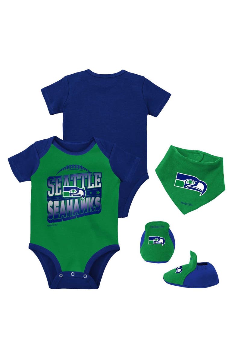 Mitchell & Ness Newborn & Infant Mitchell & Ness Green/Royal Seattle Seahawks Throwback Big Score Bodysuit, Bib & Bootie Set, Main, color, Green
