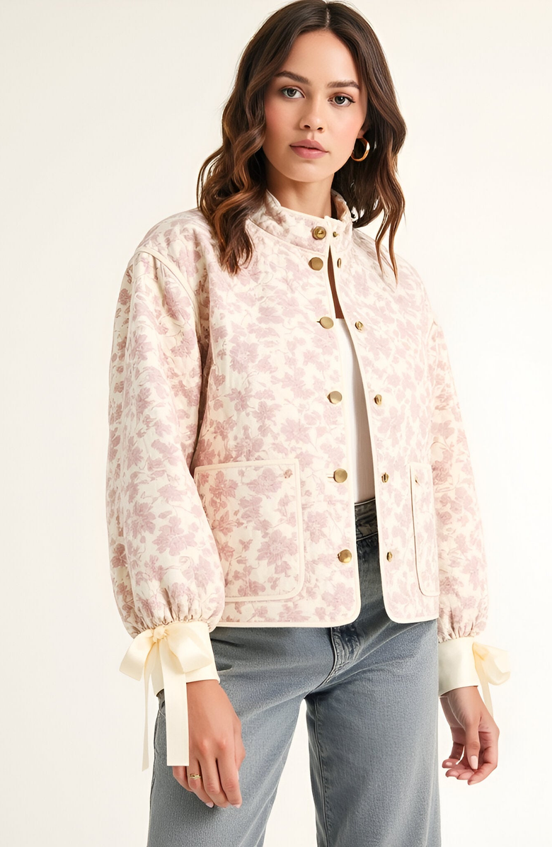 Modenaire Floral Quilted Jacket with Puff Sleeves and Satin Bow Cuffs, Main, color, Light Pink Floral