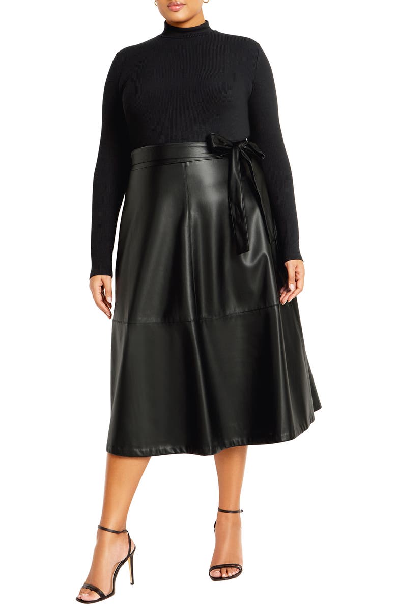 City Chic Lola Mock Neck Rib & Faux Leather Midi Dress, Main, color, 
