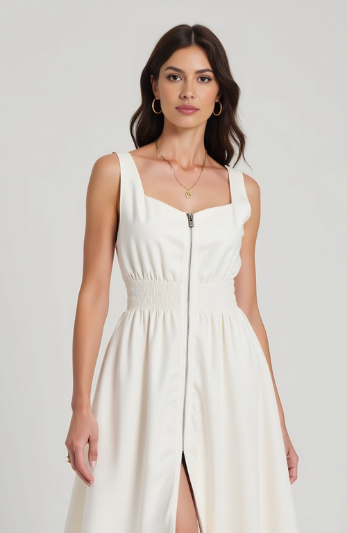 Modenaire Sleeveless Midi Dress With Smocked Waist And Front Zip In White