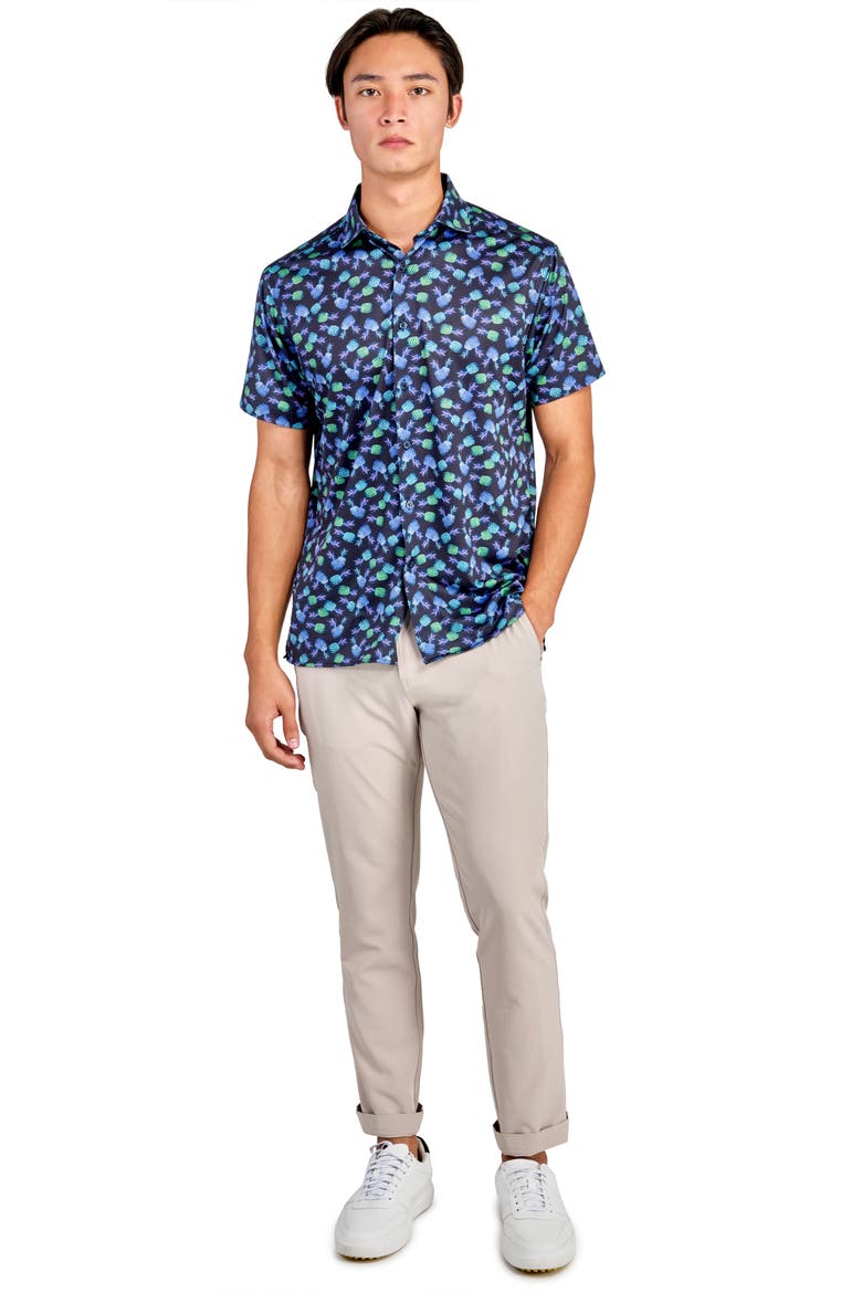 Regular Fit Pineapple Print Recycled Performance Golf Button-Down Shirt, Alternate, color, NAVY