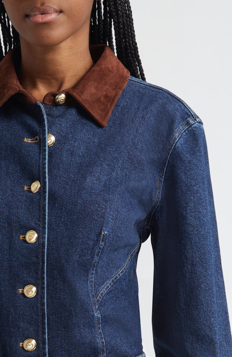 Cinq à Sept Suede Trim Denim Button-Up Shirt, Alternate, color, Dark Sepia/ Fontaine