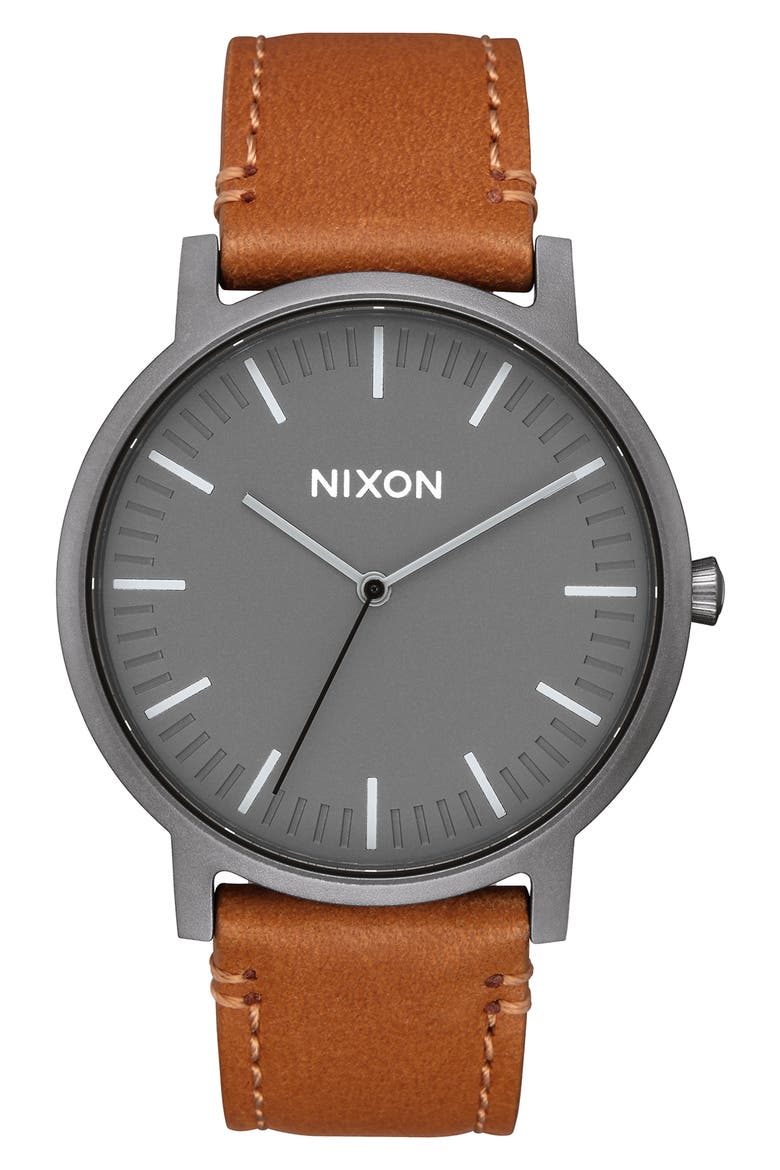 Porter Round Leather Strap Watch, 40mm, Main, color, GUNMETAL/ CHARCOAL/ TAUPE