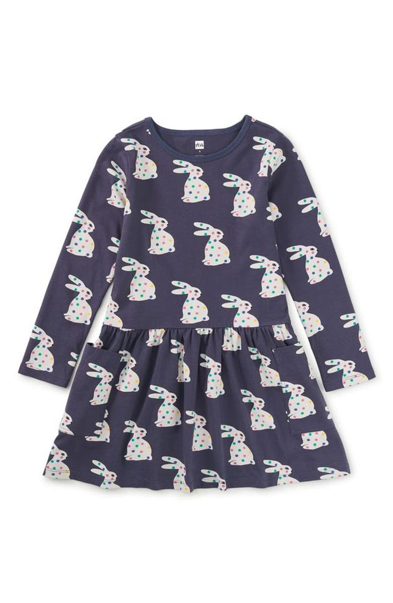 Tea Collection Long Sleeve Pocket Dress, Main, color, Rice Ball Dot Bunny