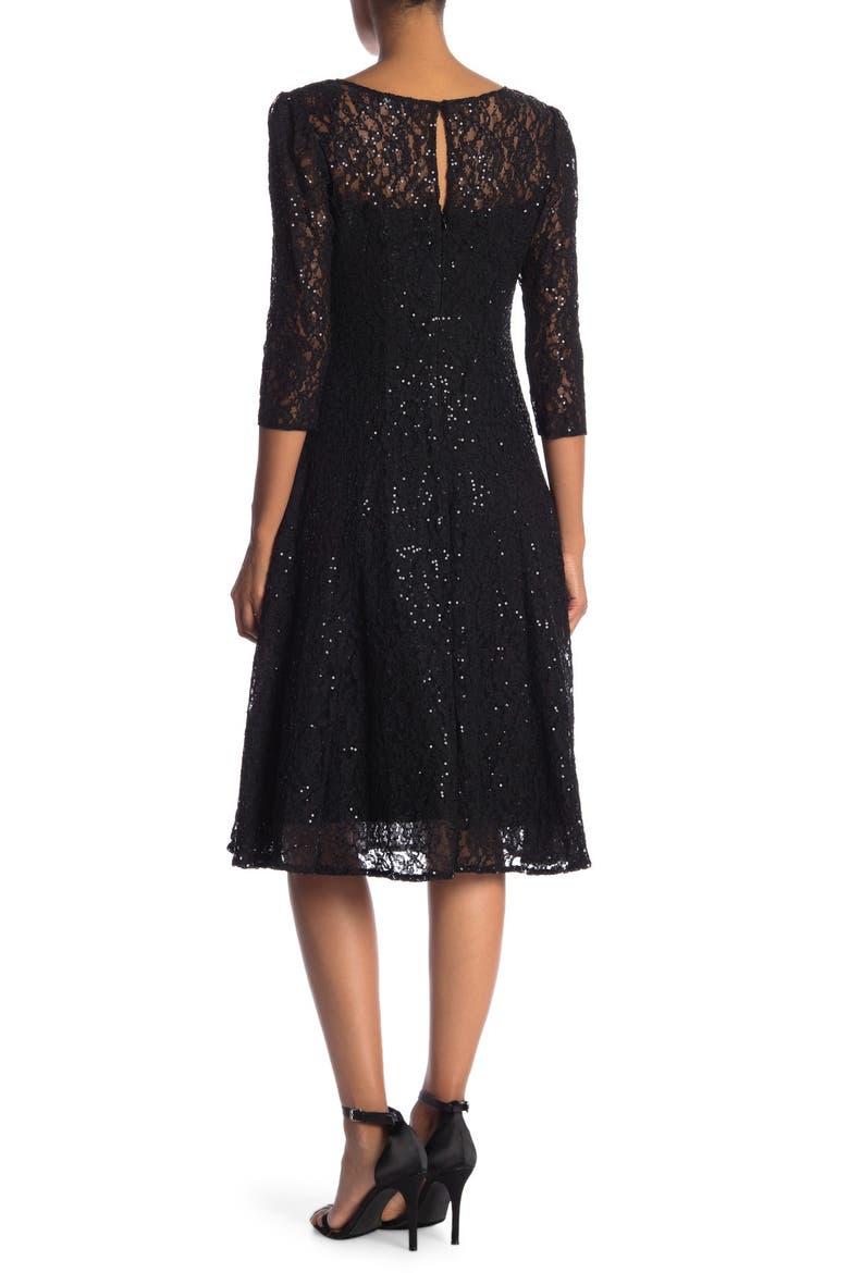 Lace Overlay Fit & Flare Midi Dress, Alternate, color, BLACK