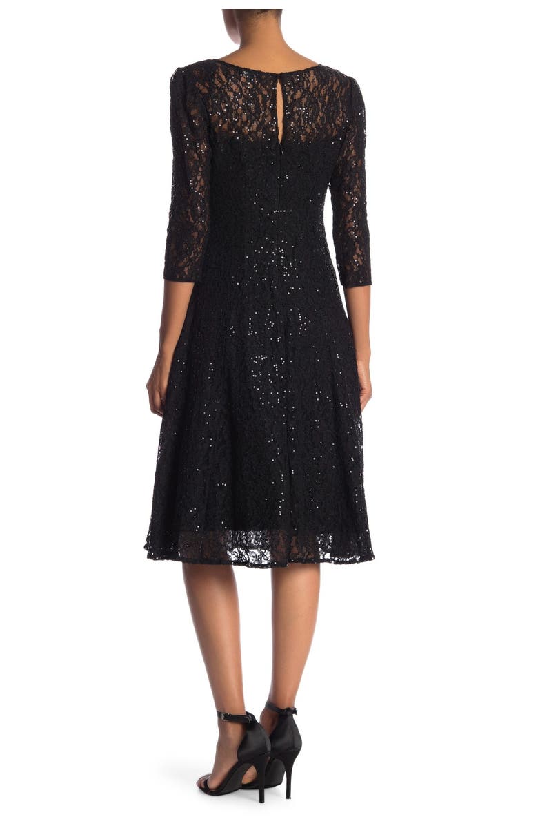 SL FASHIONS Lace Overlay Fit & Flare Midi Dress, Alternate, color, Black