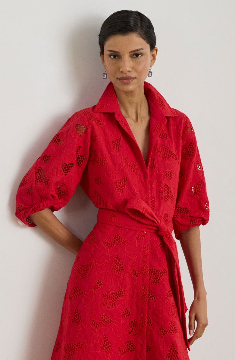 Lauren Ralph Lauren Eyelet Cotton Voile Shirtdress, Alternate, color, Cruise Red