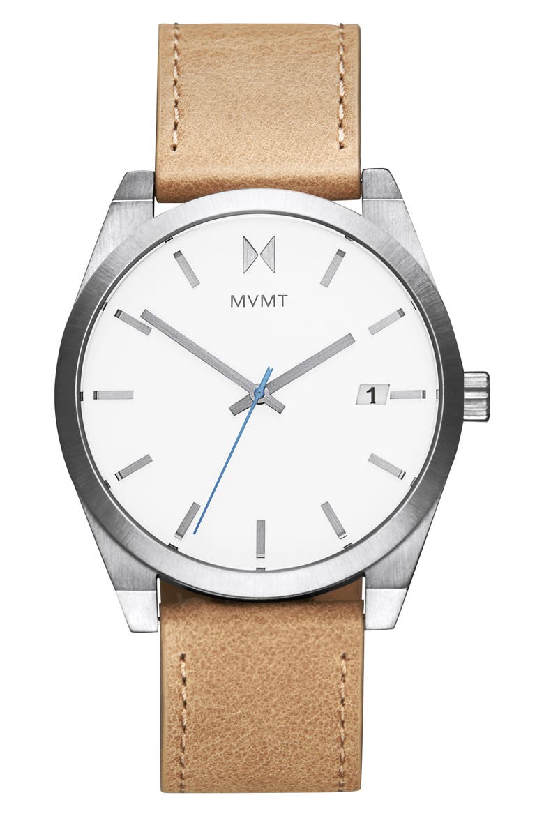 MVMT Element Leather Strap Watch, 43mm, Main, color, BROWN/ SILVER