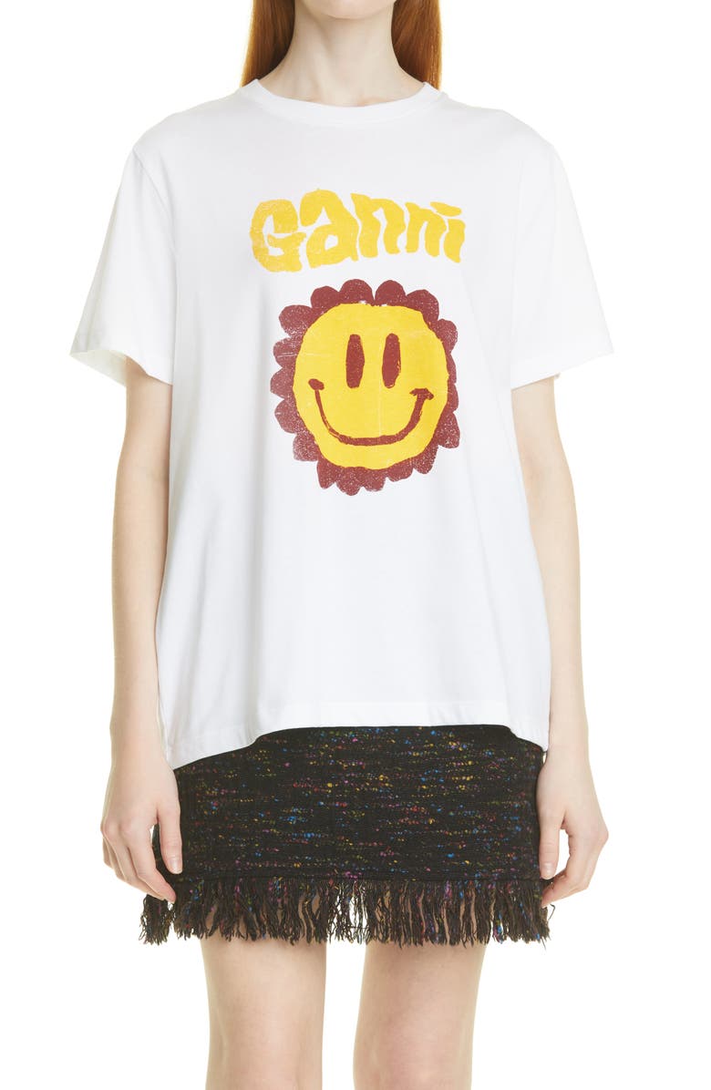 Ganni Smiley Flower Graphic Organic Cotton Tee, Main, color,