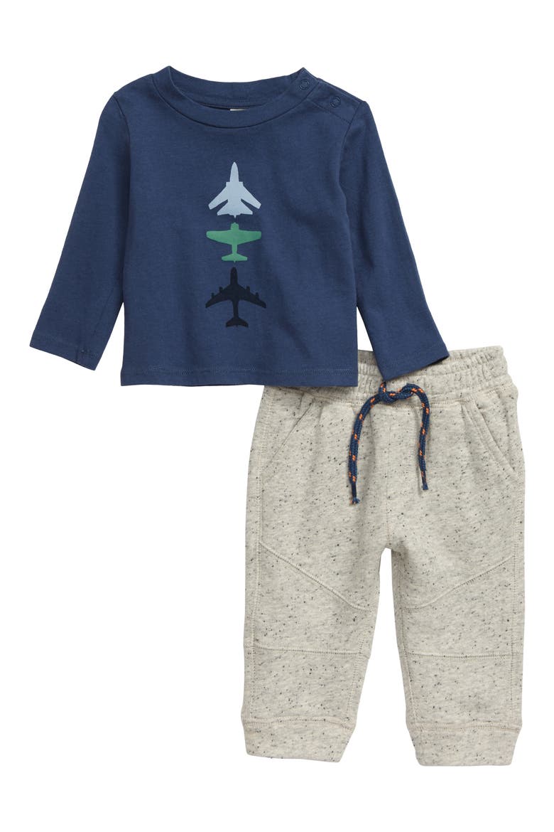 Airplane Graphic T-Shirt & Jogger Pants Set, Main, color, NAVY DENIM CHILL