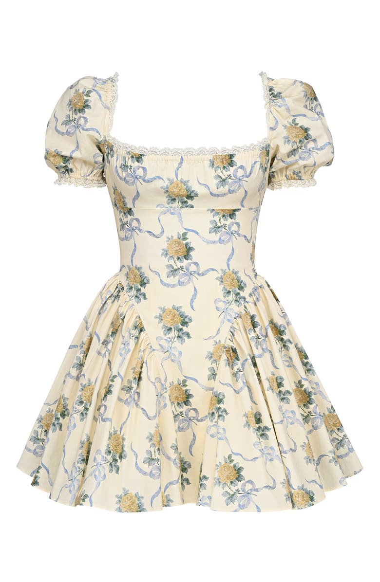 HOUSE OF CB Rosie Puff Sleeve Stretch Cotton Mini Sundress, Alternate, color, Yellow Rose Print