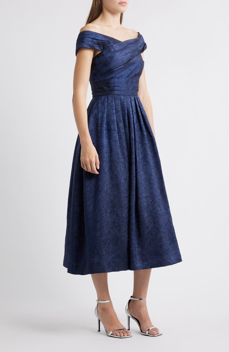 Tahari ASL Crushed Taffeta Off the Shoulder Cocktail Dress, Alternate, color, Navy