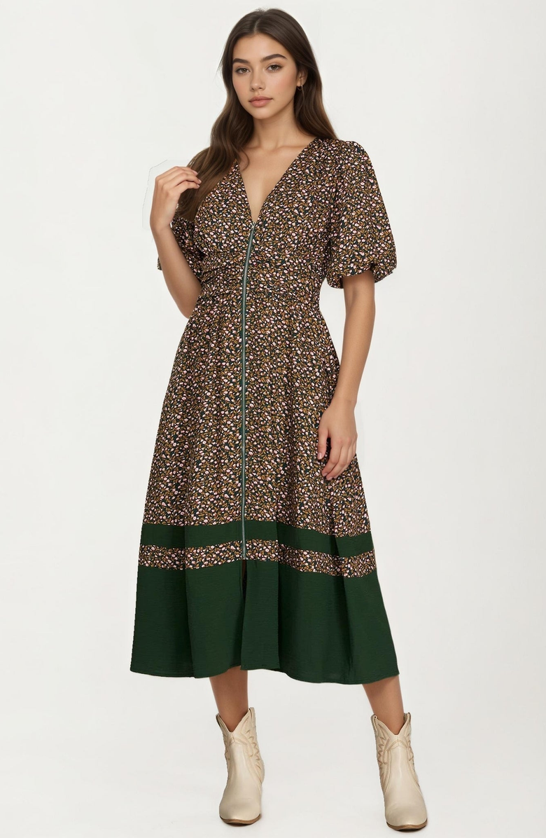 Knit and Lounge Floral Print Zip Front Midi Dress, Main, color, Brown / Green Floral