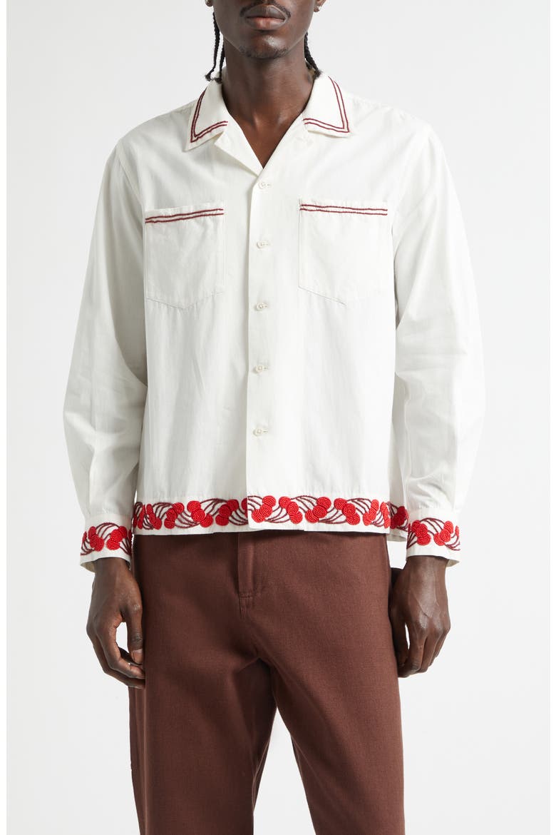Cherry Lane Beaded Cotton Poplin Button-Up Shirt, Main, color, WHITE