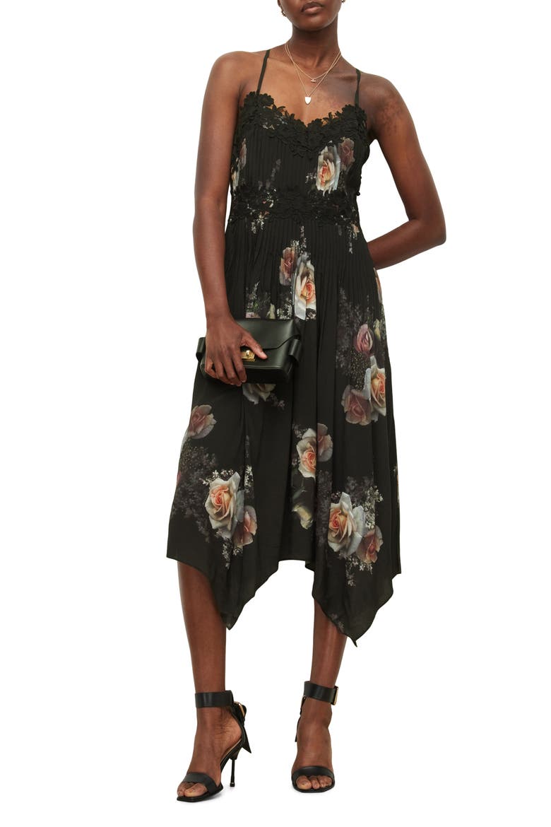 Floral Print Pleat Dress, Alternate, color, BLACK