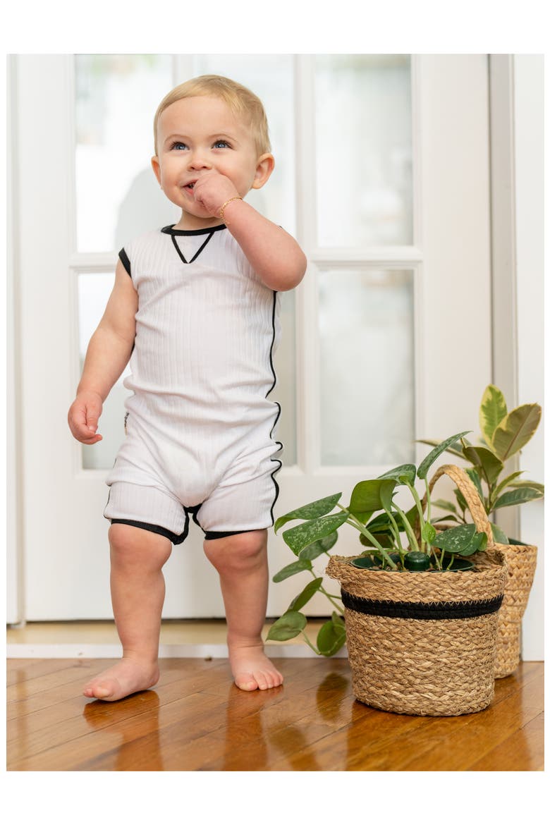 Contrast Piping Stretch Cotton Ribbed Romper, Alternate, color, WHITE
