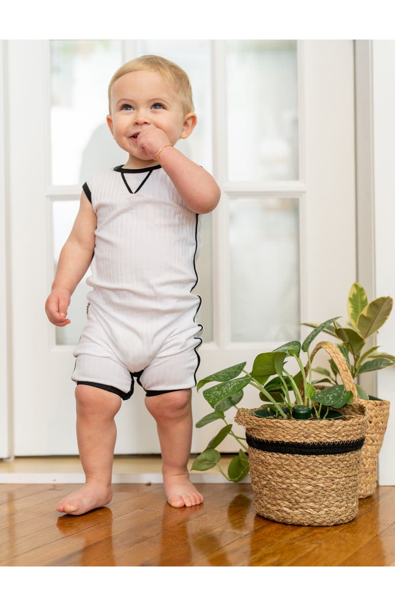 Manière Contrast Piping Stretch Cotton Ribbed Romper, Alternate, color, White