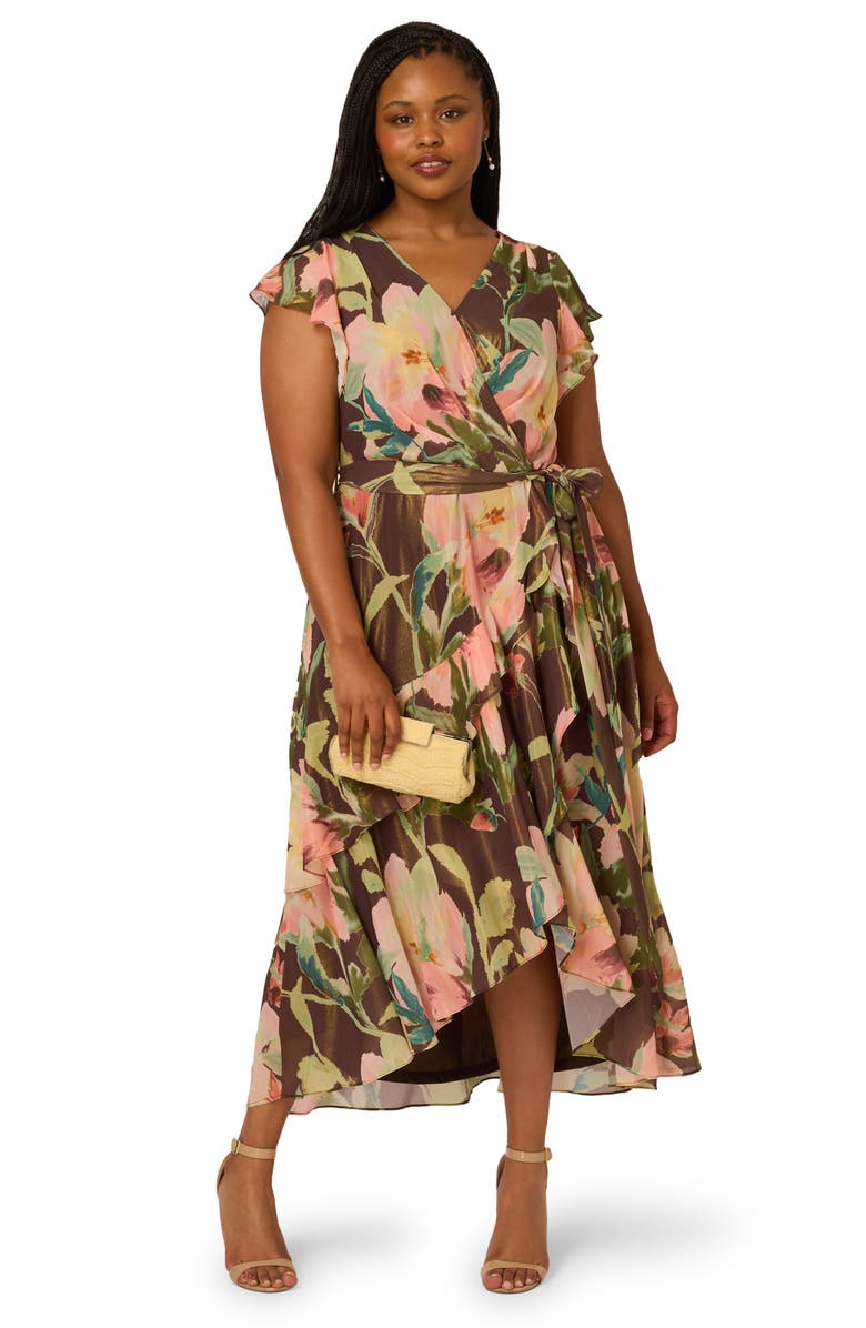 Adrianna Papell Floral High-Low Cocktail Dress, Alternate, color, Brown Multi