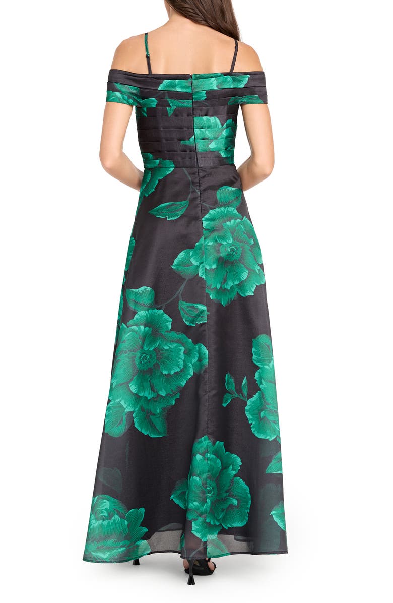 Tahari ASL Pleated Print Off the Shoulder Gown, Alternate, color, Black Green