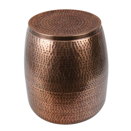 Happimess Merida Modern Rustic Hammered Metal Drum Storage Side Table With Lid