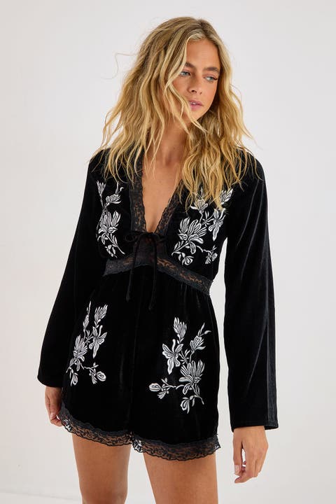 Velvet Embroidered Lace Trim Romper