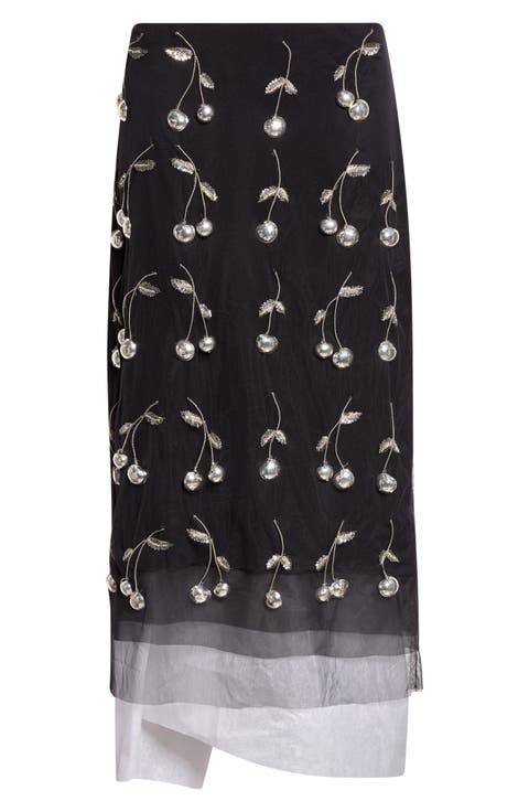 Cherry Embellished Layered Tulle Skirt