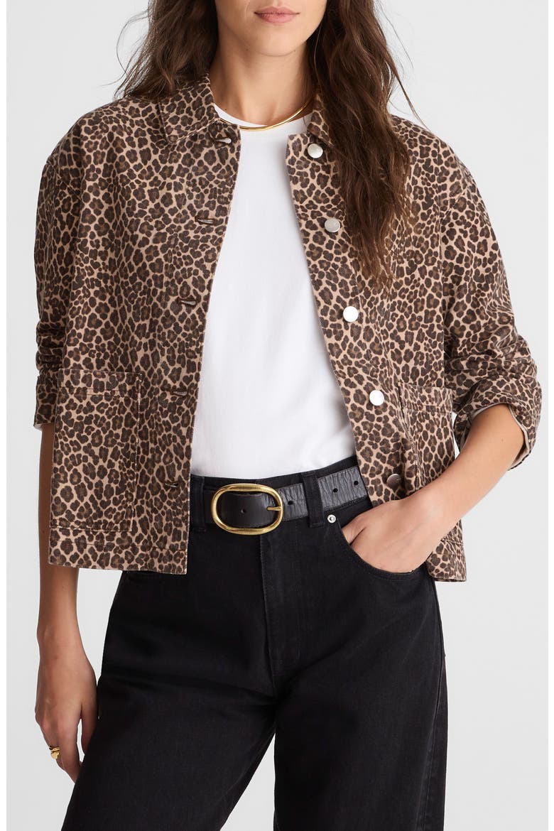Leopard Print Denim Trapeze Jacket, Main, color, DARK MOCHA