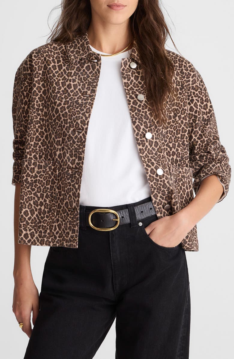 Madewell Leopard Print Denim Trapeze Jacket, Main, color, Dark Mocha