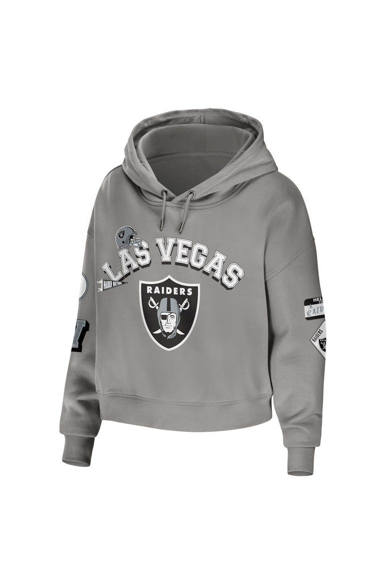 Women's WEAR by Erin Andrews Gray Las Vegas Raiders Modest Cropped Pullover Hoodie, Alternate, color, Gray