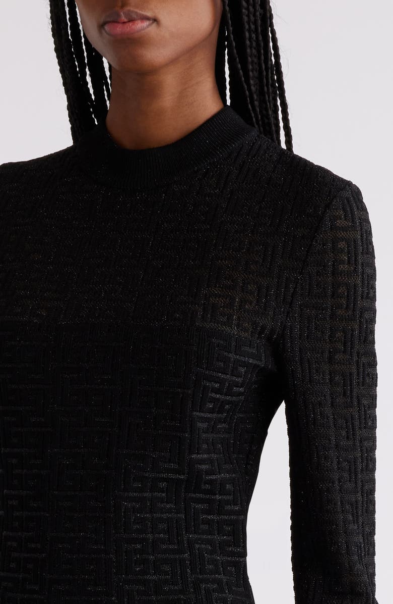 Balmain Metallic Long Sleeve Monogram Jacquard Mini Sweater Dress, Alternate, color,