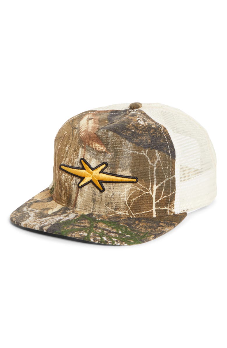 PHIPPS Gold Star Embroidered Snapback Trucker Hat, Main, color, Camo
