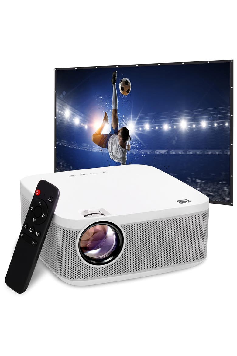 FLIK X10 Multimedia Home Projector Kit, 1080p Portable Projector w/100" Screen, Remote & More!, Main, color, White