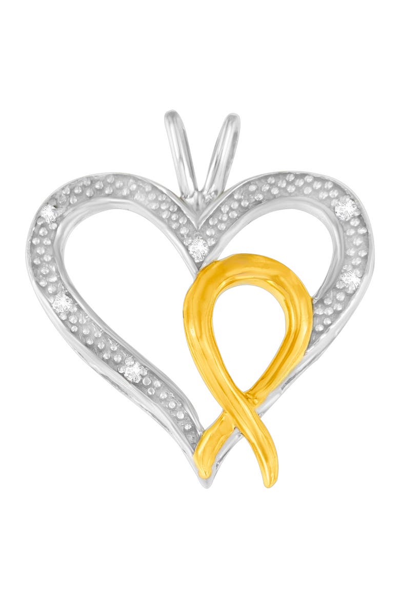Silver Two Toned 1/25 cttw Diamond Heart-Ribbon Pendant Necklace, Main, color, Yellow