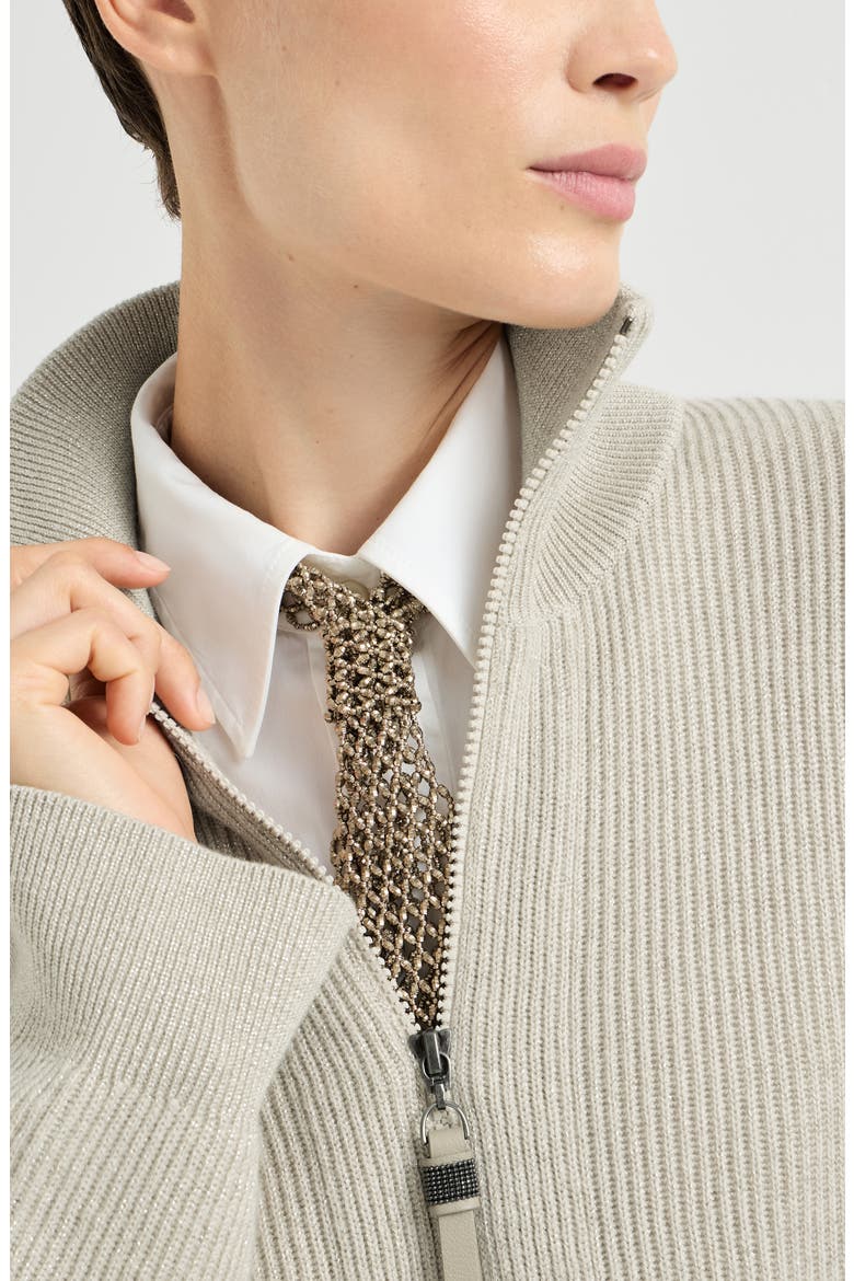 Sparkling cashmere English rib cardigan with shiny zipper pull, Alternate, color, Sand