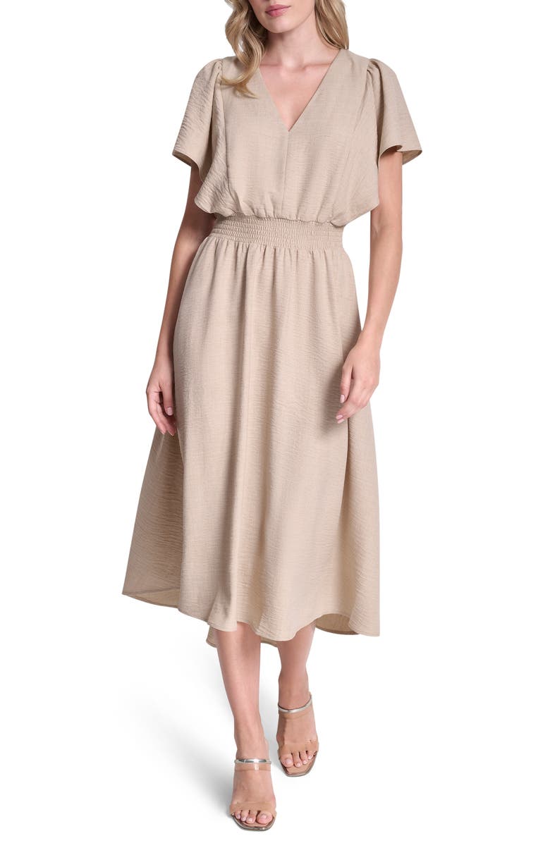 DKNY Smocked High-Low Dress, Main, color, Beige