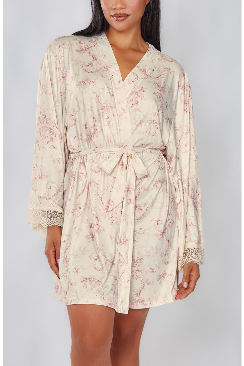 Toile Print Lace-Trim Brushed Knit Robe, Alternate, color, Ivory