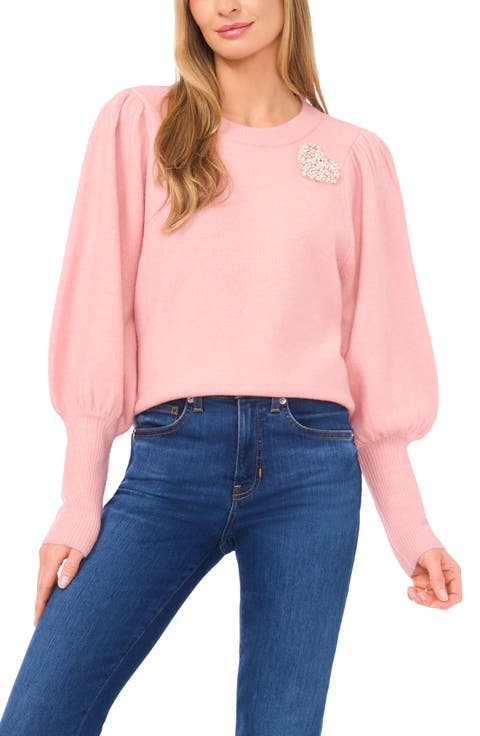 Faux Pearl Heart Embellished Crewneck Sweater