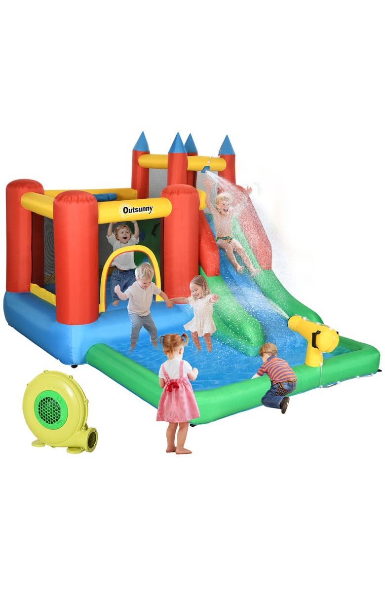 Outsunny 6-in-1 Kids Bounce House Inflatable Water Slide Outdoor, Main, color, Multi Color