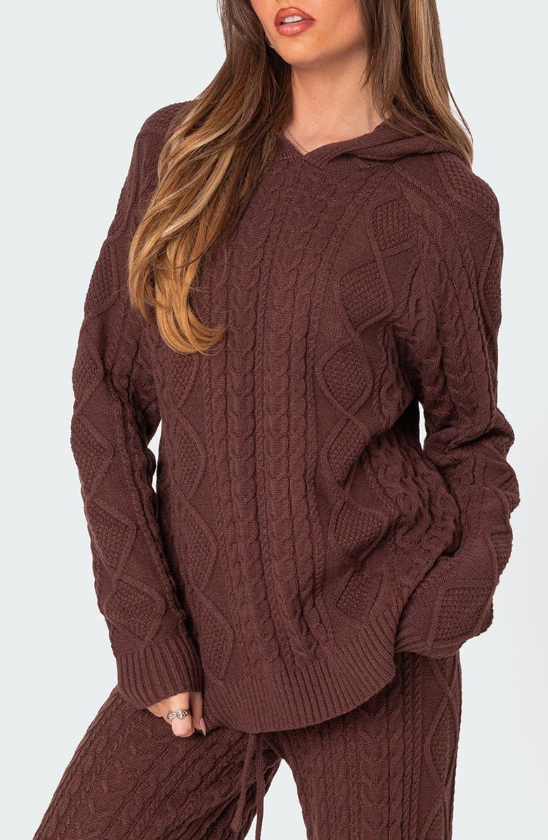 EDIKTED Jelena Cable Knit Hoodie, Alternate, color, Brown