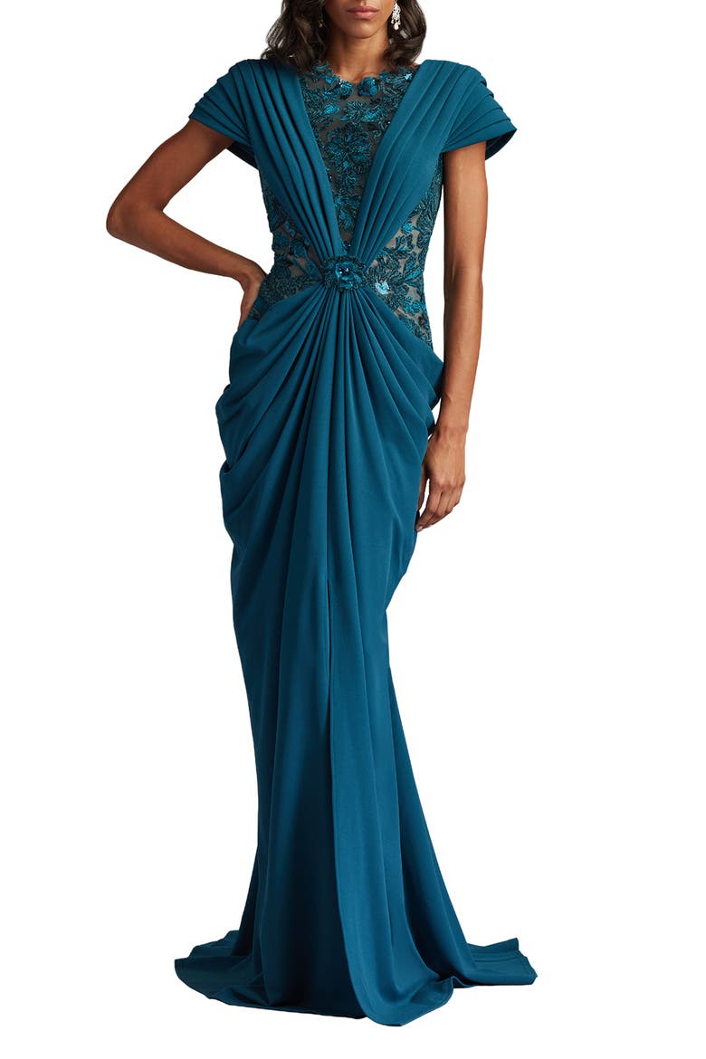Pleated Lace Gown, Main, color, CERULEAN