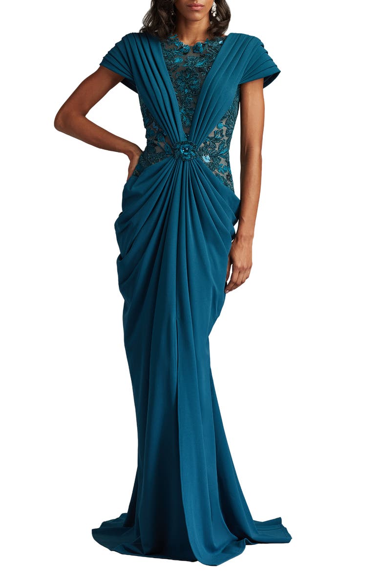 Tadashi Shoji Pleated Lace Gown, Main, color, Cerulean