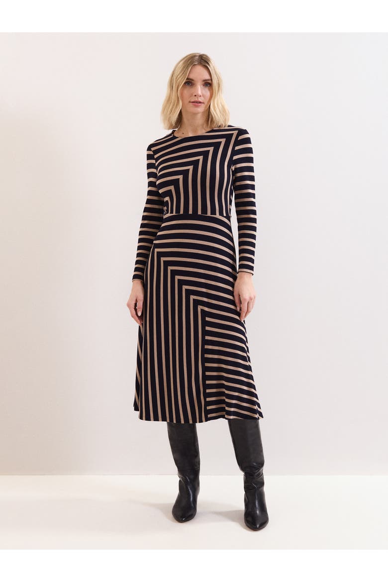 Mia Stripe Long Sleeve Midi Dress, Main, color, Black Multi