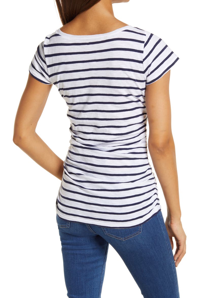 Shirred V-Neck Tee, Alternate, color, WHITE- NAVY STRIPE