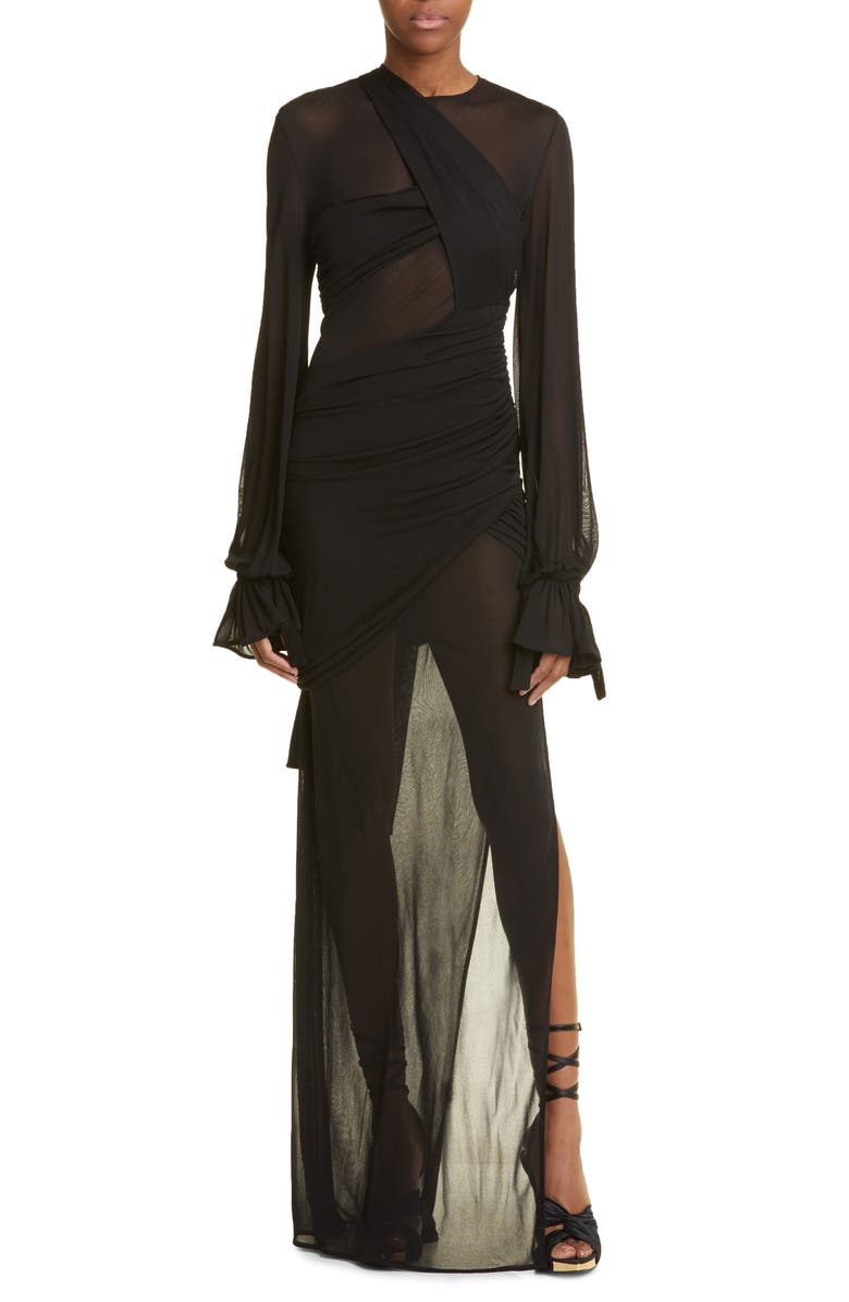 TOM FORD Draped Long Sleeve Sheer Jersey Gown, Main, color, 