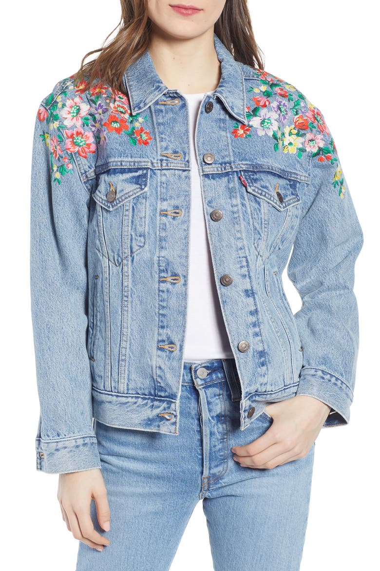Levi's® Ex-Boyfriend Embroidered Denim Trucker Jacket, Main, color, HEARTS OF FLOWERS