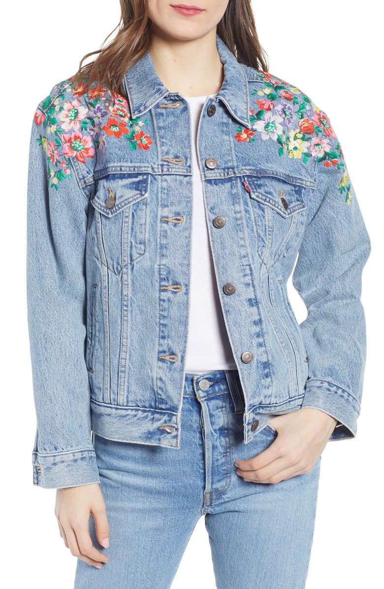 Levi's<sup>®</sup> Ex-Boyfriend Embroidered Denim Trucker Jacket, Main, color, 