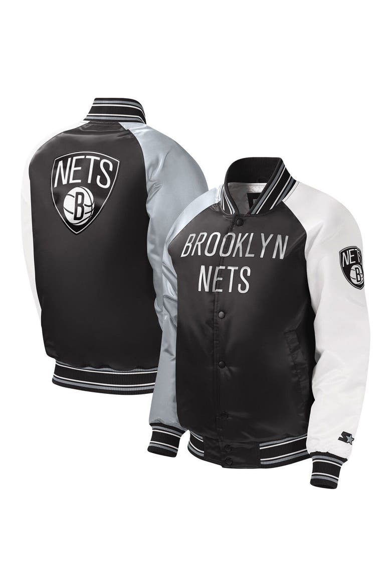 Youth Starter Black Brooklyn Nets Raglan Full-Snap Varsity Jacket, Main, color, Black