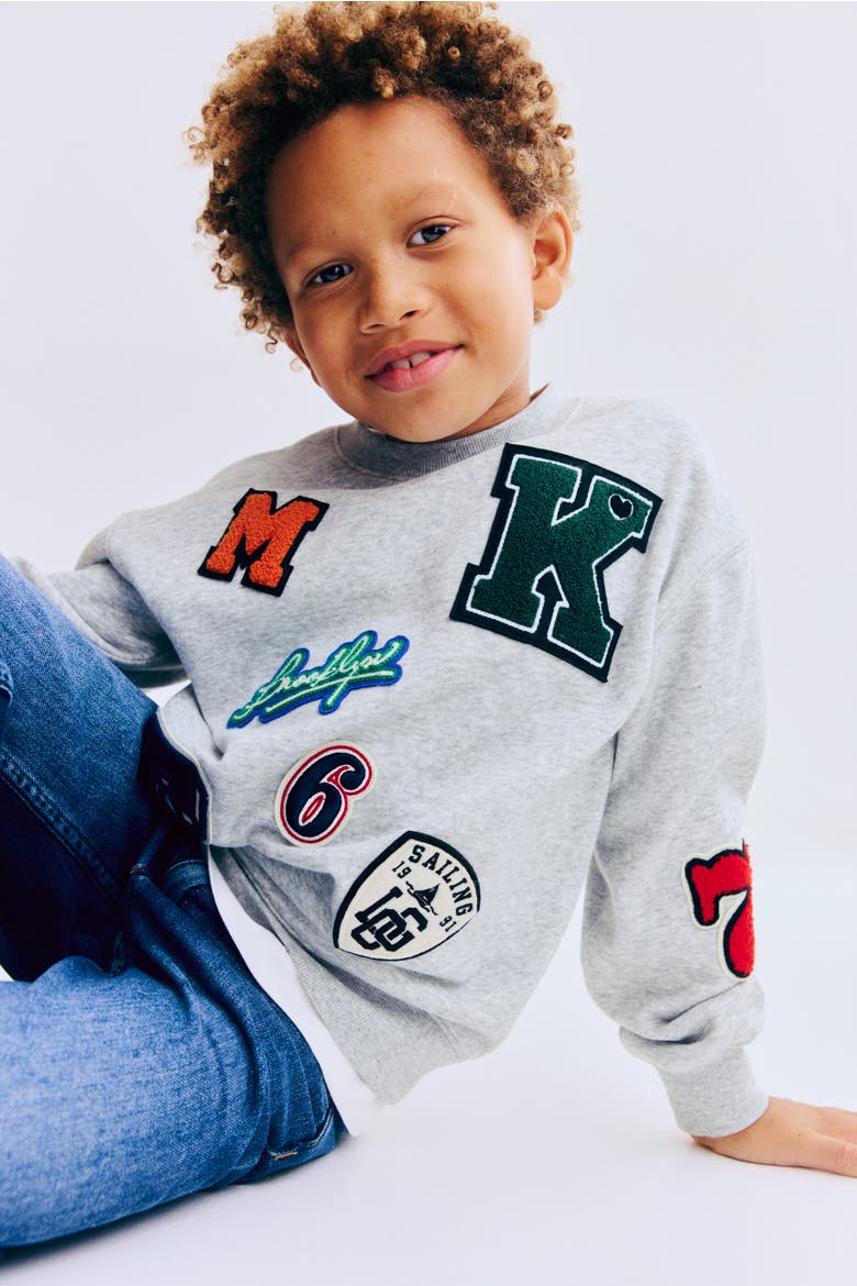 Appliquéd Brushed-inside Sweatshirt, Alternate, color, Light gray melange/Patches