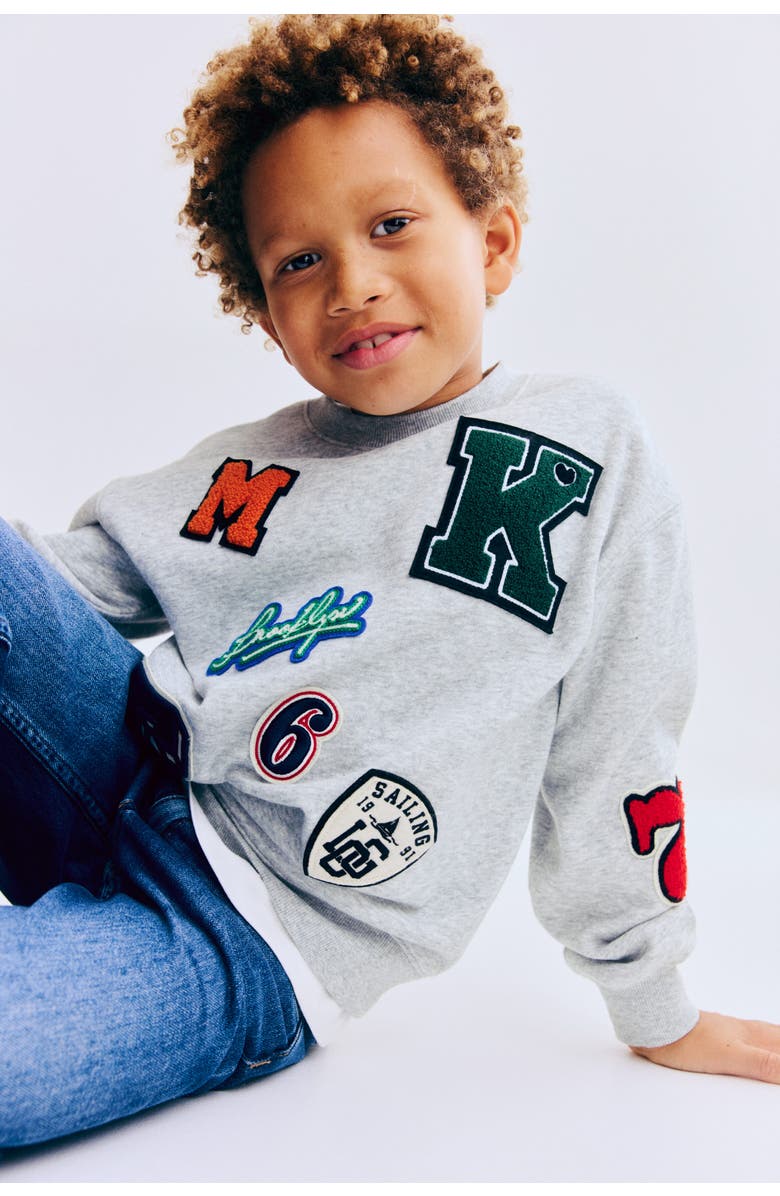 H&M Appliquéd Brushed-inside Sweatshirt, Alternate, color, Light Gray Melange/Patches